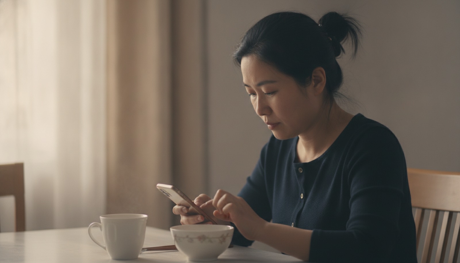 清晨餐桌前妈妈低头在手机上认真打字神情笃定旁边一杯温豆浆