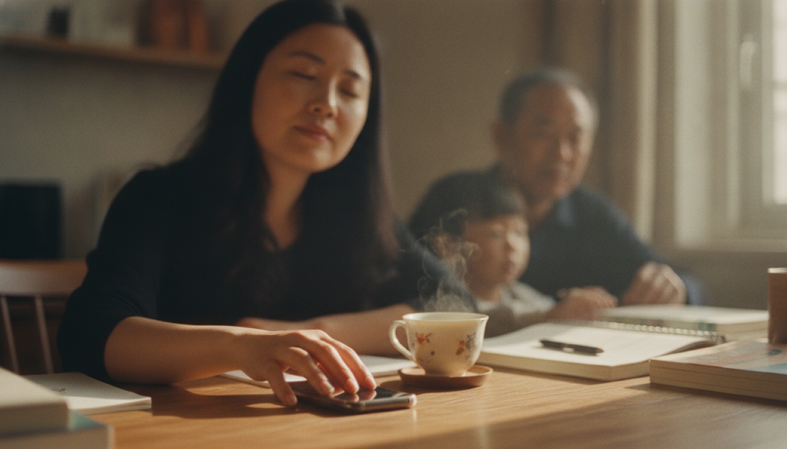 书桌前妈妈把手机倒扣呼一口气神情放松旁边一杯茶