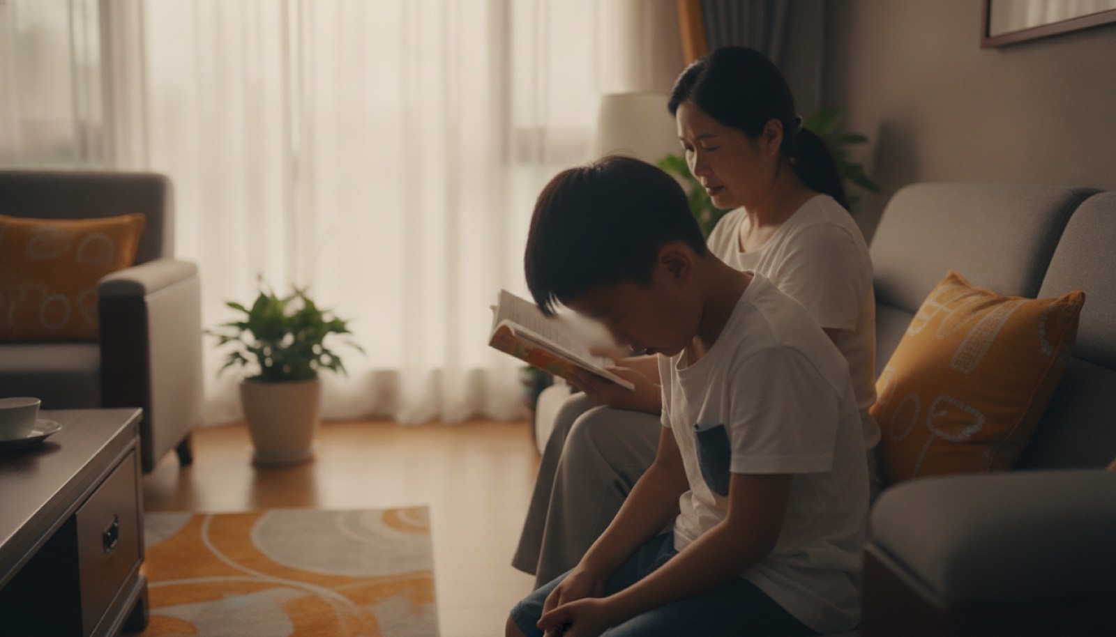 午后客厅孩子听到开学突然紧张低头妈妈没察觉