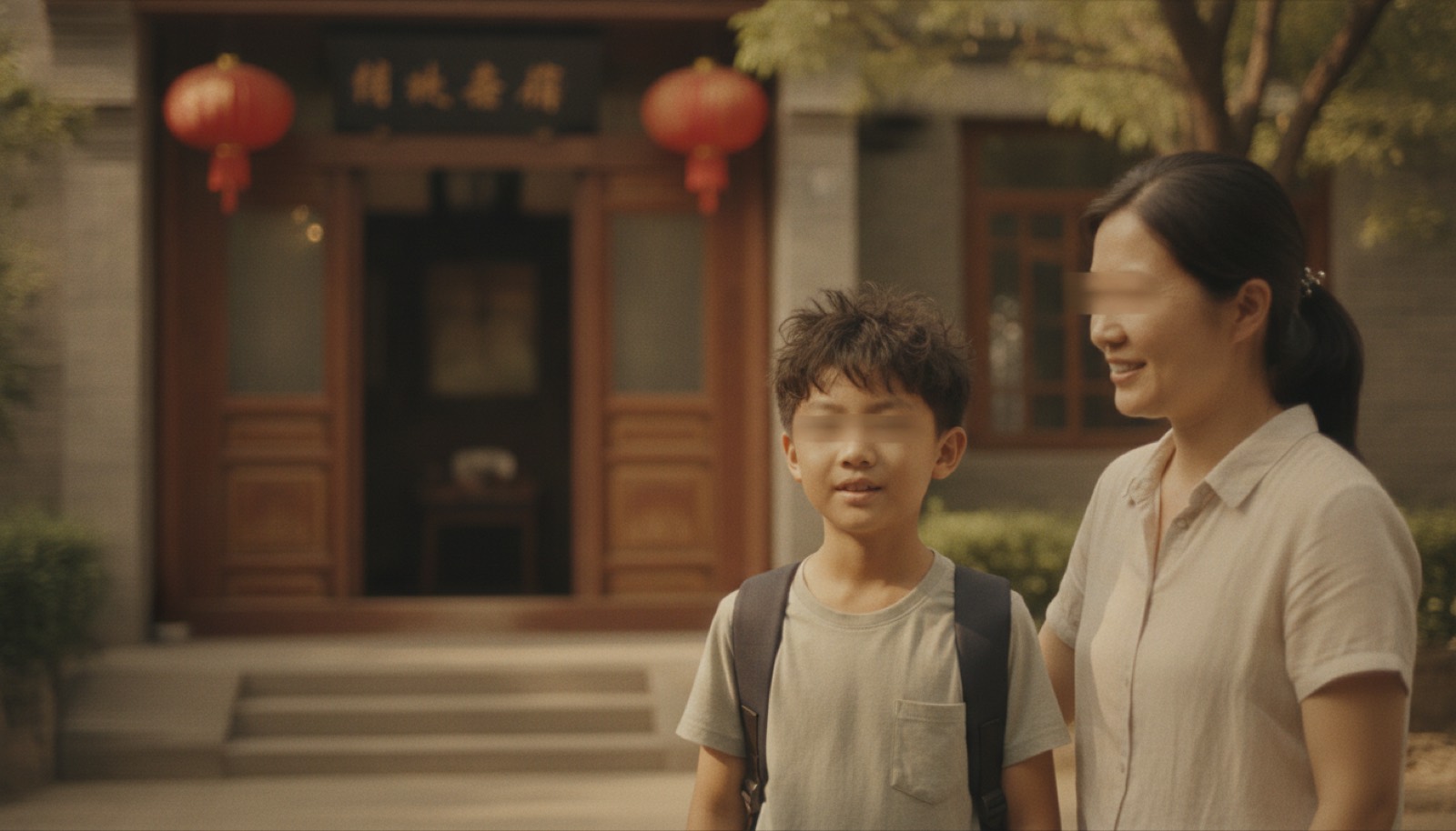 清晨门口孩子背书包放松期待妈妈微笑送他