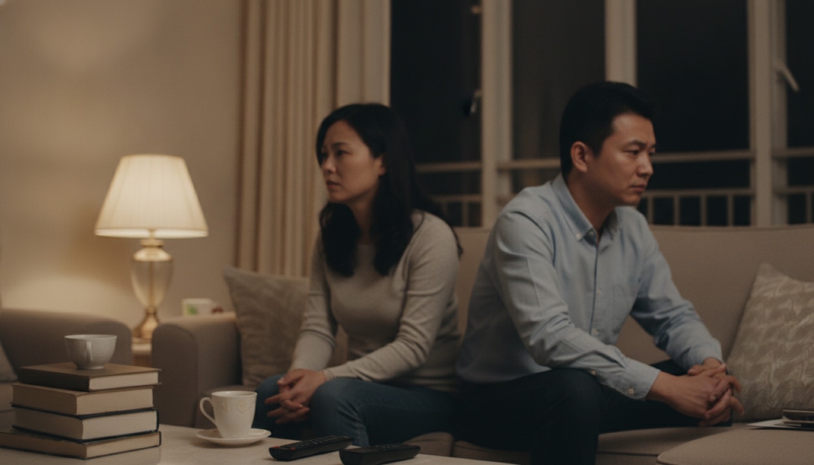 夜晚沙发夫妻并排坐却各自侧头各执一词有点僵
