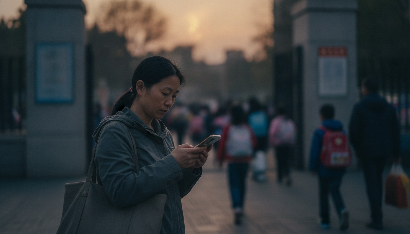 傍晚小学门口,一位妈妈低头看手机神情凝住,放学人流在身后模糊