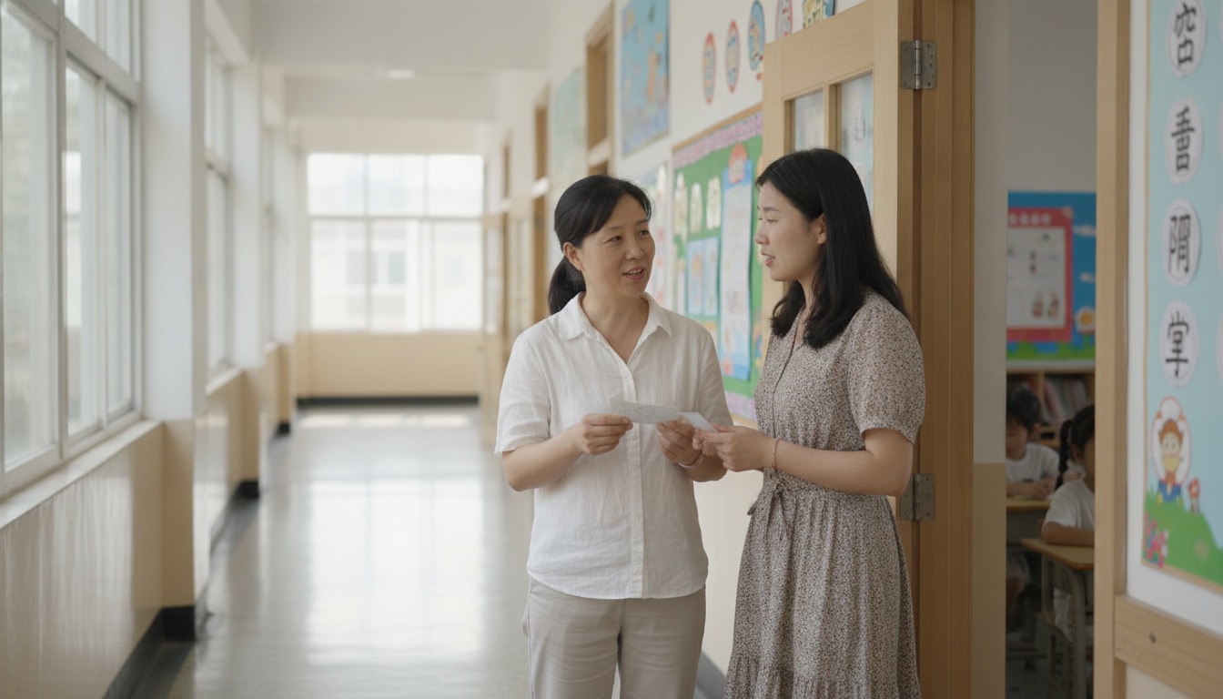 清晨小学走廊妈妈和女老师并排诚恳平和地交谈