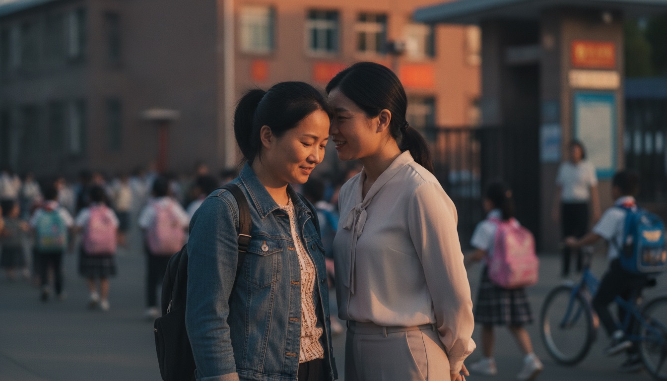 傍晚小学门口妈妈被女老师叫到一边低头局促轻声交谈