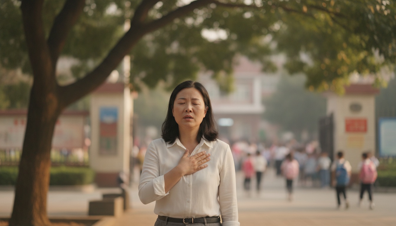 妈妈站在树荫下手按胸口深吸一口气努力让自己平静