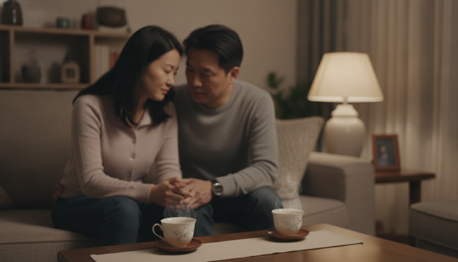 夜晚客厅沙发上妈妈和爸爸并肩坐着低声商量旁边两杯热茶