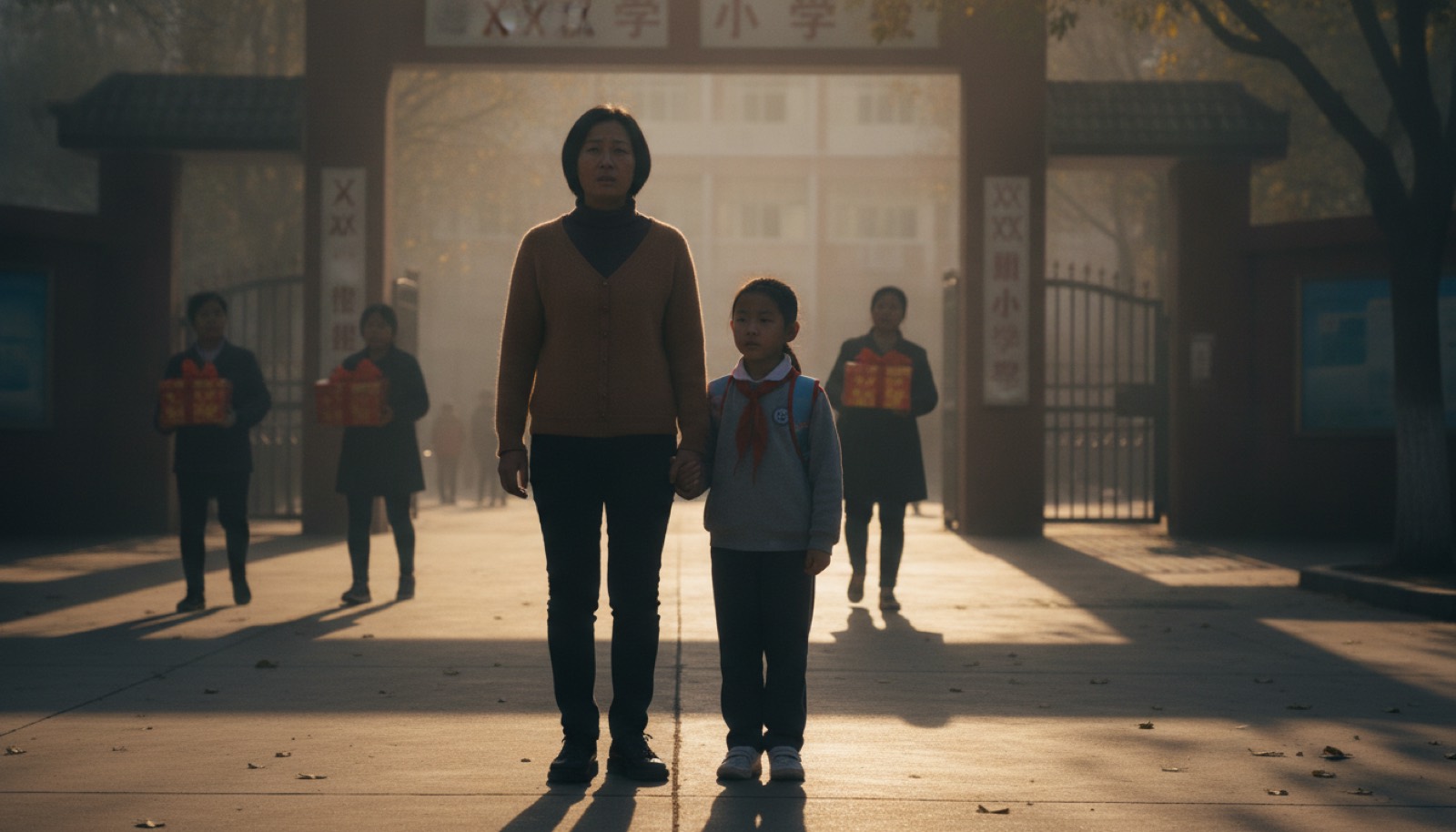 清晨小学校门口一位妈妈牵着孩子的手站着，旁边有家长拎着礼盒走过，晨光偏暖，氛围平静有心事