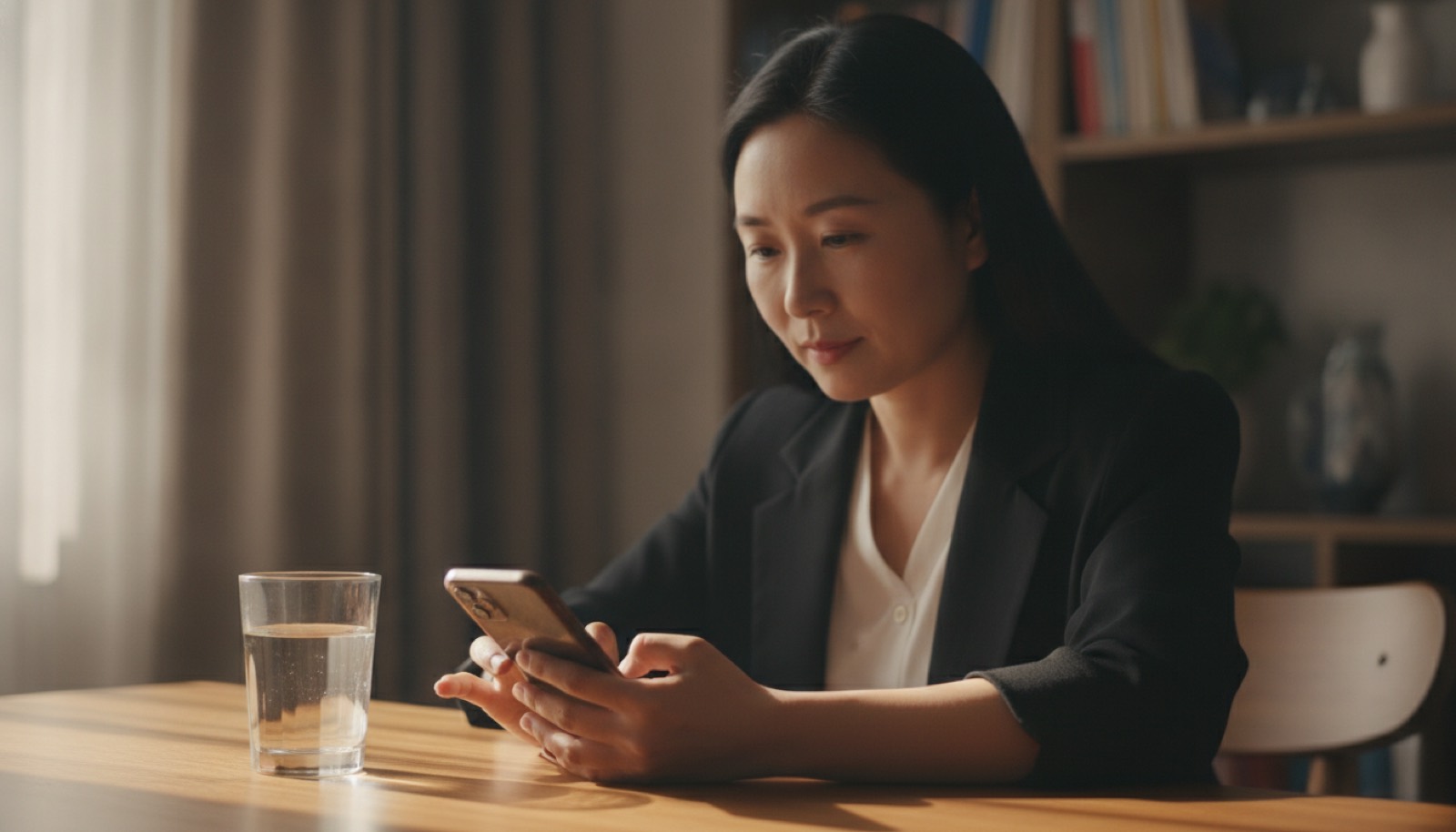 书桌前妈妈低头在手机上认真打一段感谢的话旁边一杯温水