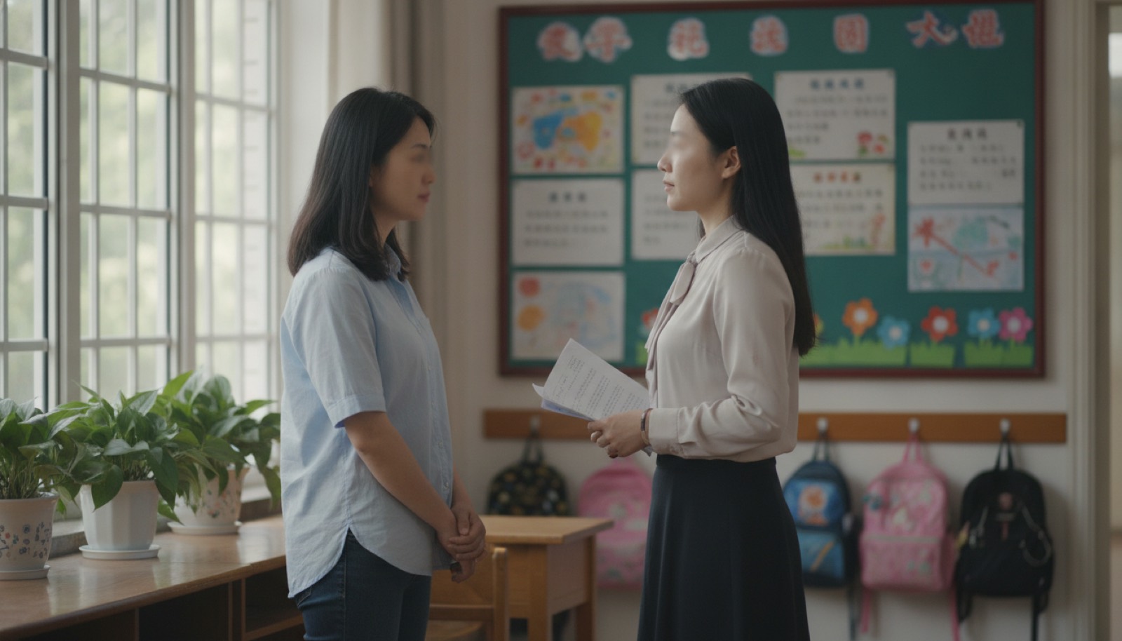 小学接待室妈妈和女老师面对面平静交谈神情从容