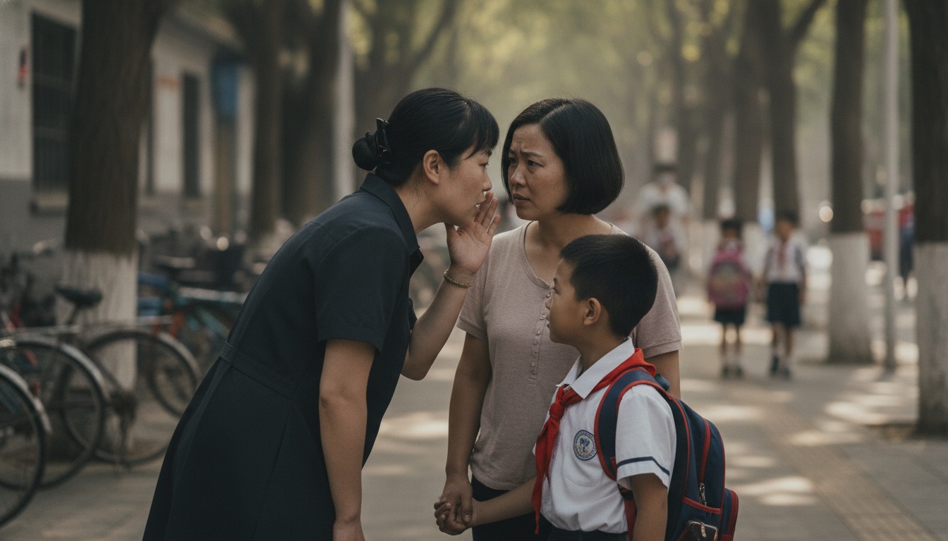 放学路上老师侧身跟一位妈妈低声交代着什么妈妈神情认真又带点为难