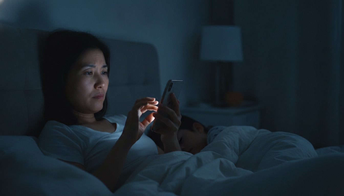 深夜床头妈妈抱着手机眉头紧锁搜索神情纠结疲惫