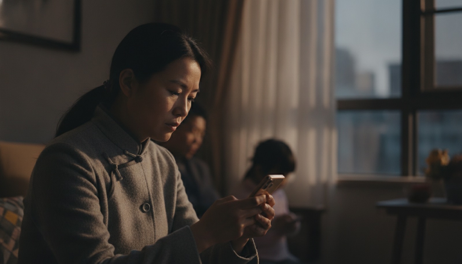 傍晚窗边妈妈低头看手机上老师发来的消息,神情认真,光线柔和,氛围有心事