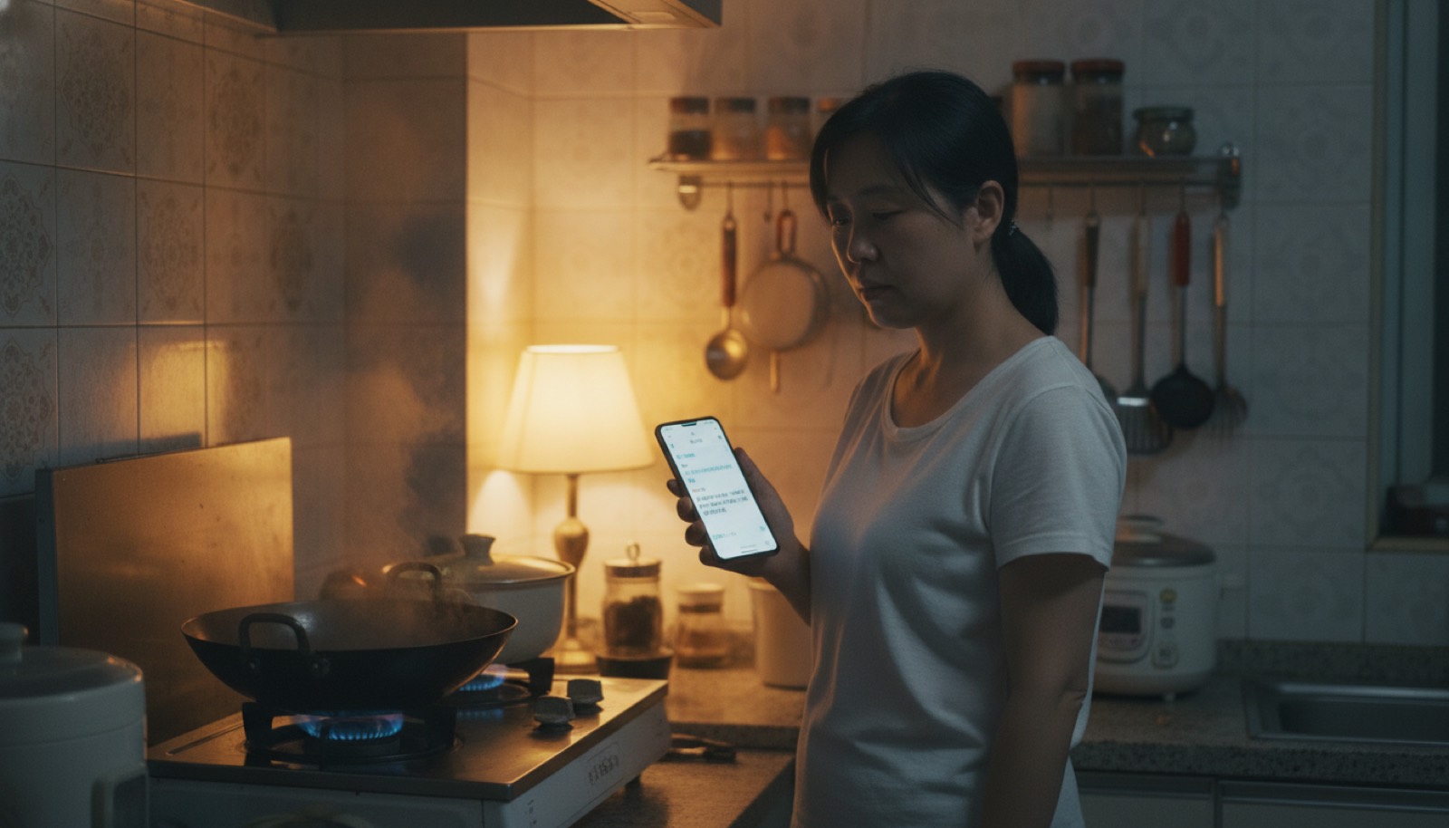 傍晚厨房妈妈站灶台边低头看手机老师消息神情认真