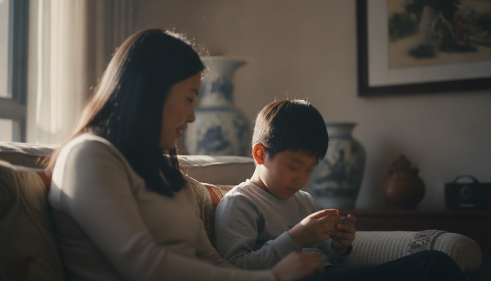 周末上午客厅沙发妈妈侧头看孩子轻松聊天孩子低头玩小东西