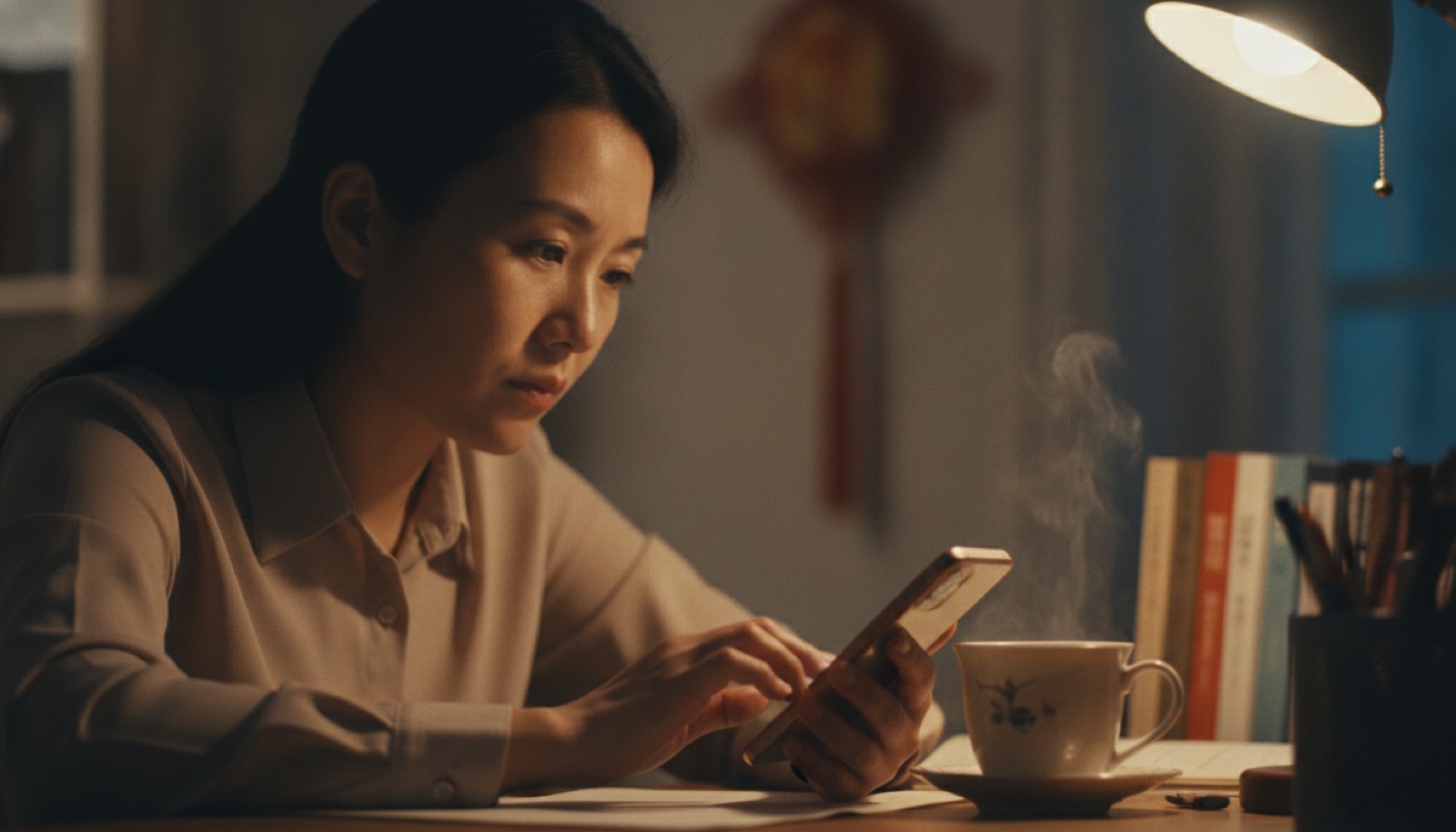 夜晚书桌前妈妈低头在手机上打字给老师回消息神情专注