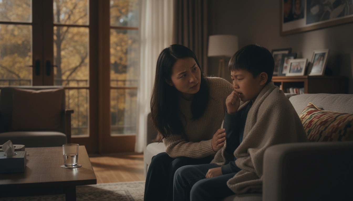 秋天傍晚客厅,妈妈担忧地看着正在清嗓子吸鼻子的孩子,窗外是换季偏黄的树影