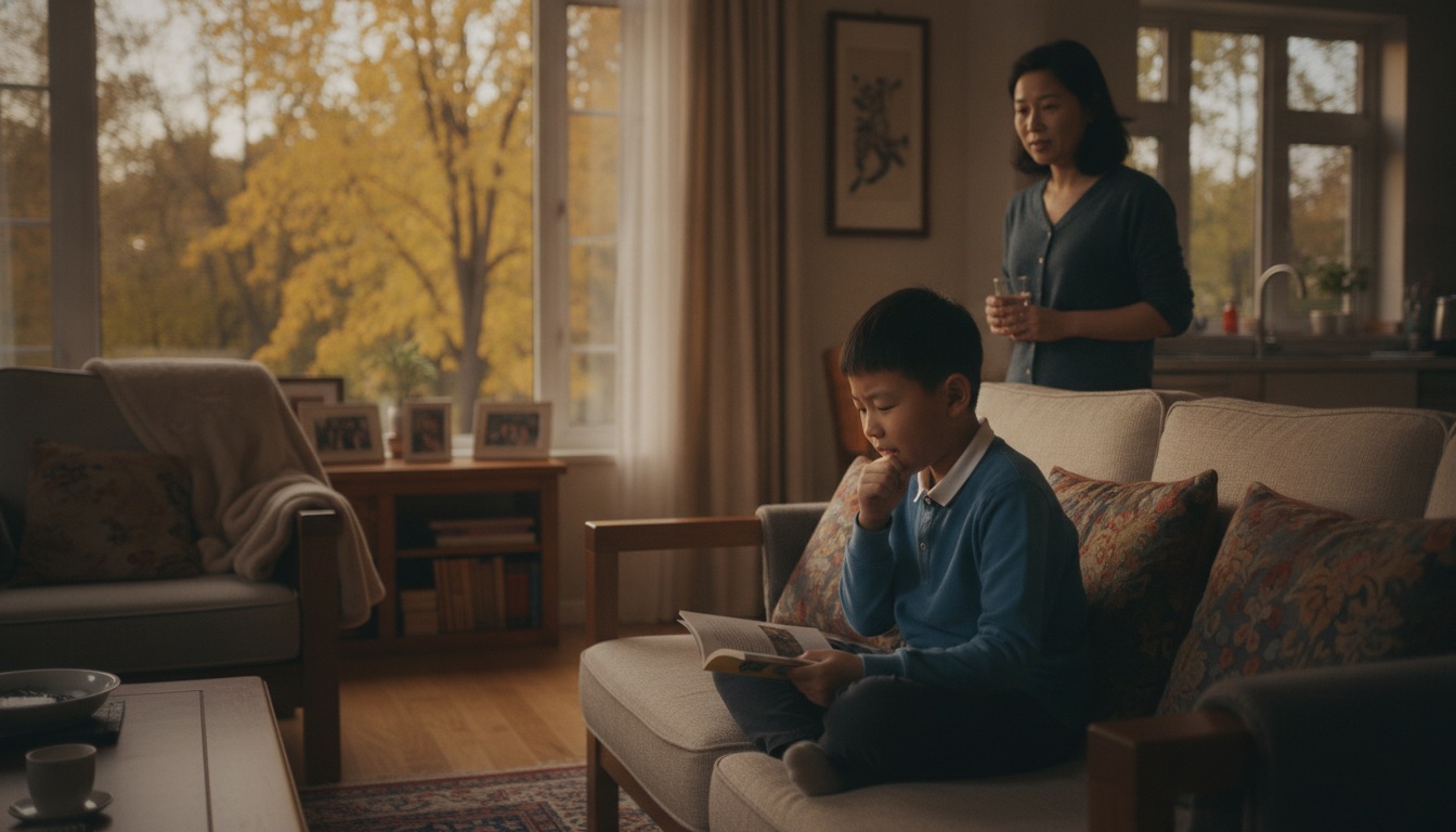 傍晚客厅妈妈担忧看着沙发上清嗓子吸鼻子的孩子