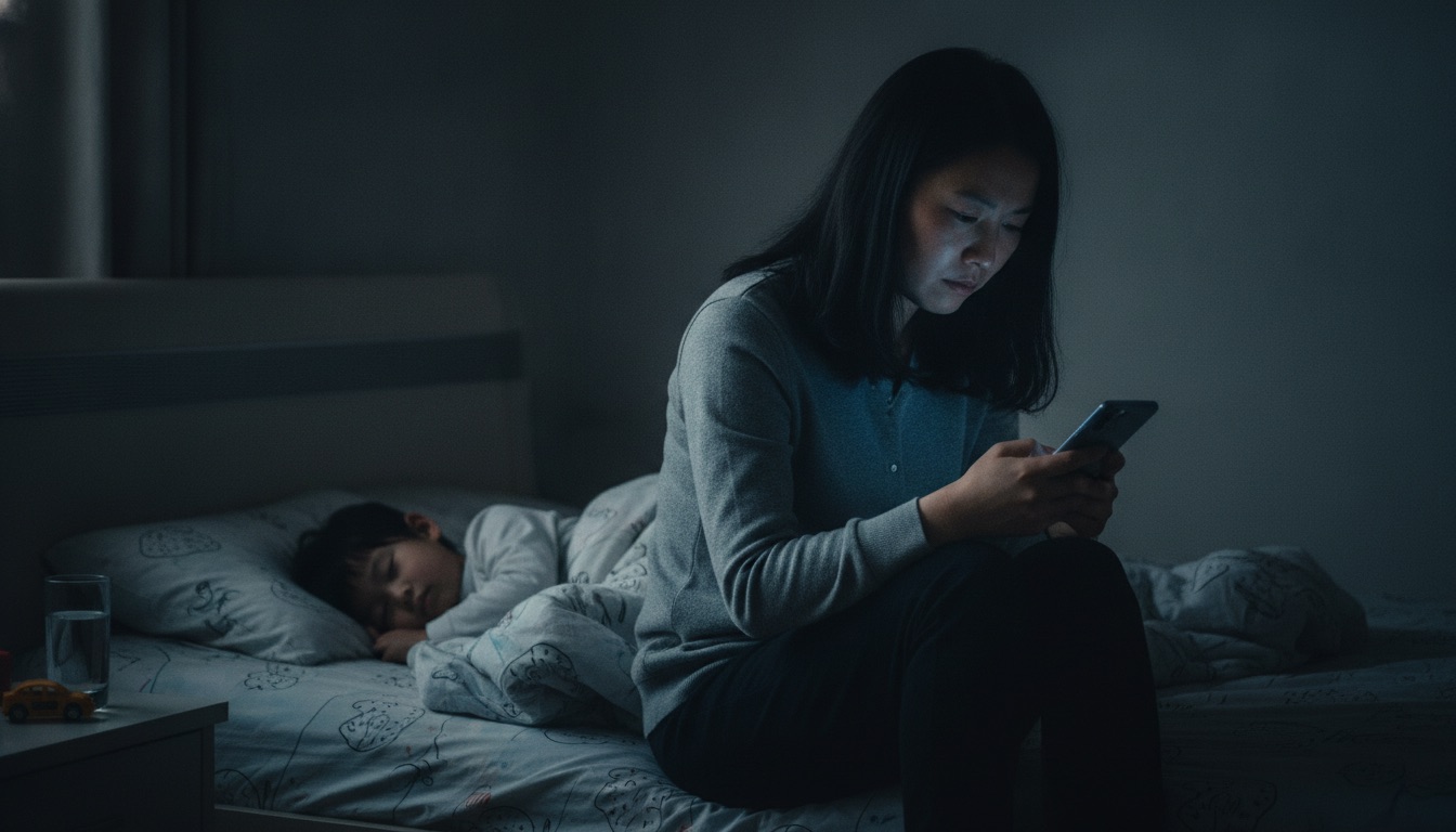 深夜卧室妈妈独自刷手机眉头紧锁越搜越慌