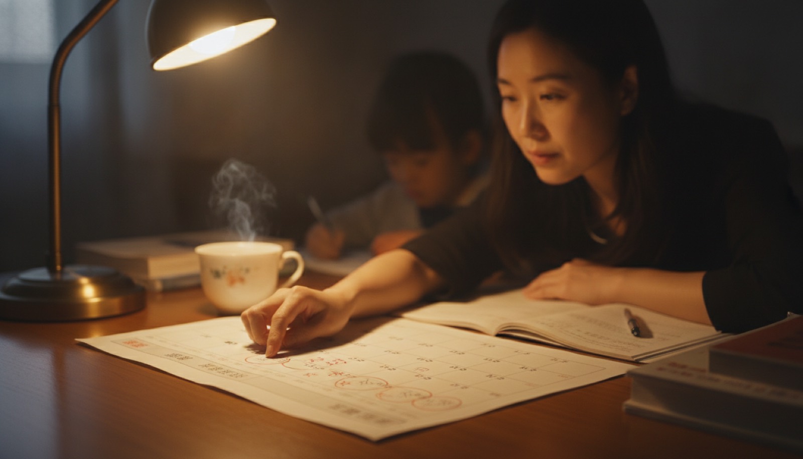 夜晚书桌妈妈把日历摊开手指从暑假末划到开学两周看趋势