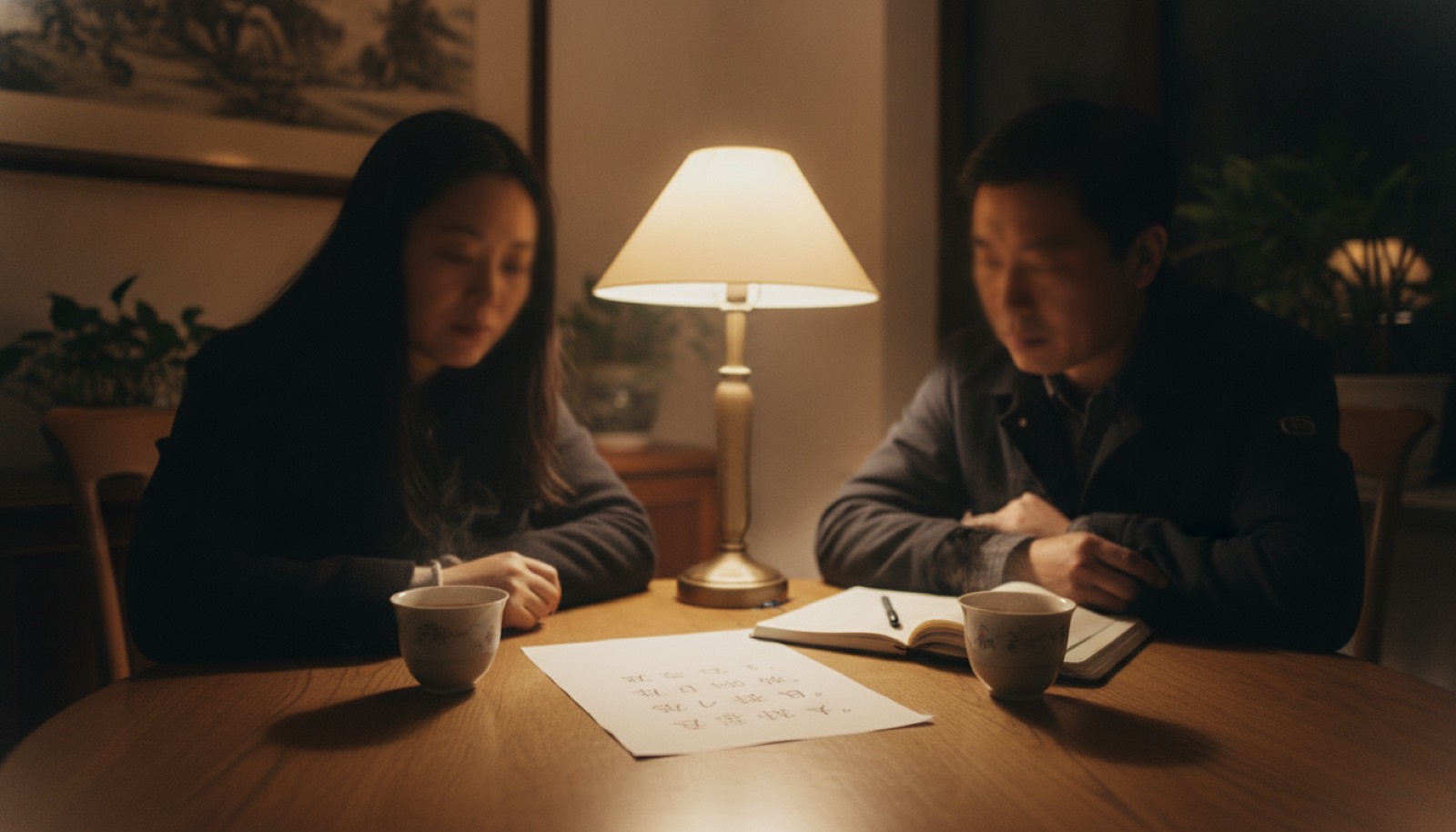 夜晚餐桌夫妻并排坐摊开五个自查项做开学复盘