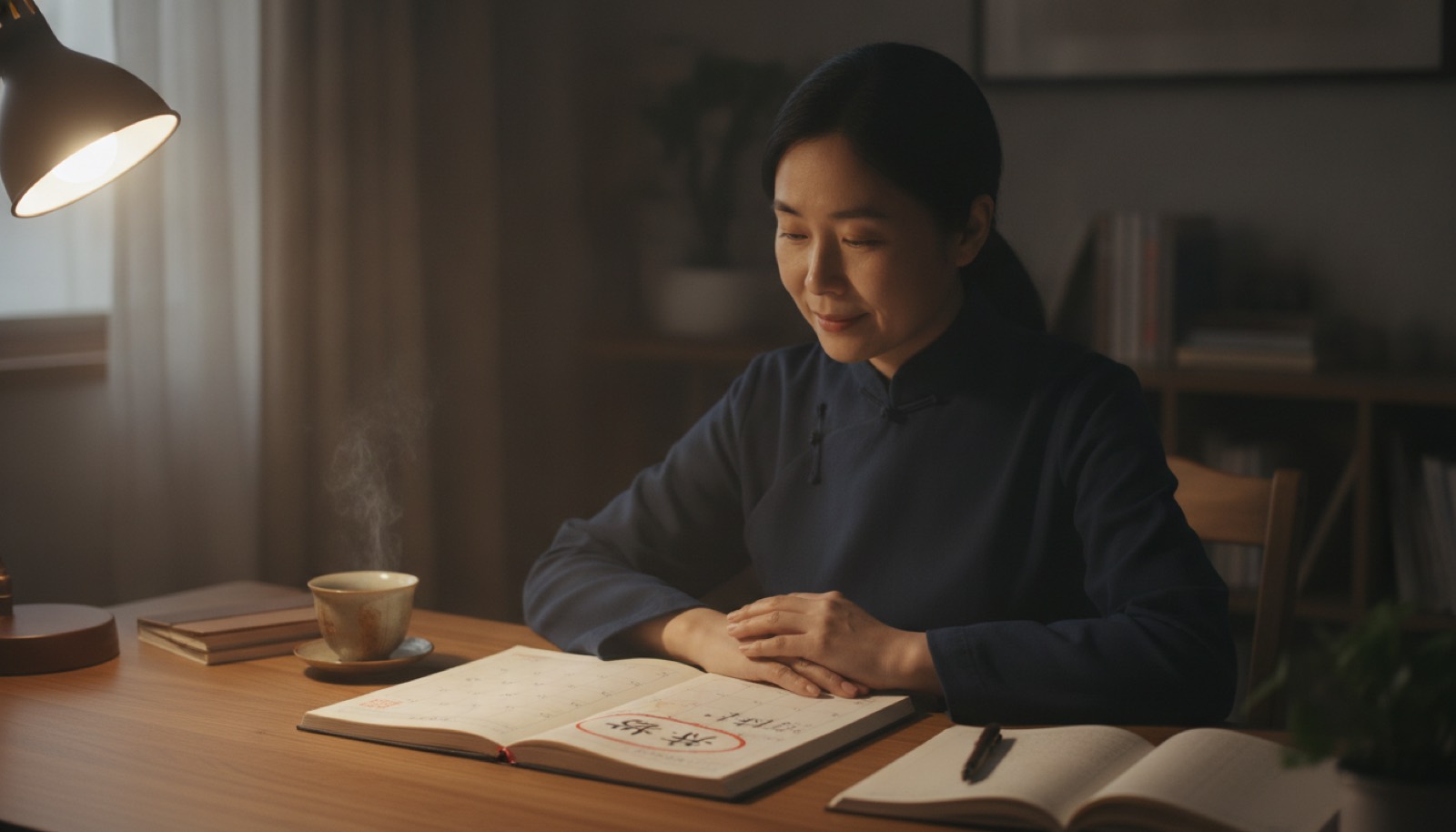 夜晚书桌上一本翻开的日历本圈着开学两周的日期旁边一杯茶,光线柔和,氛围安静复盘