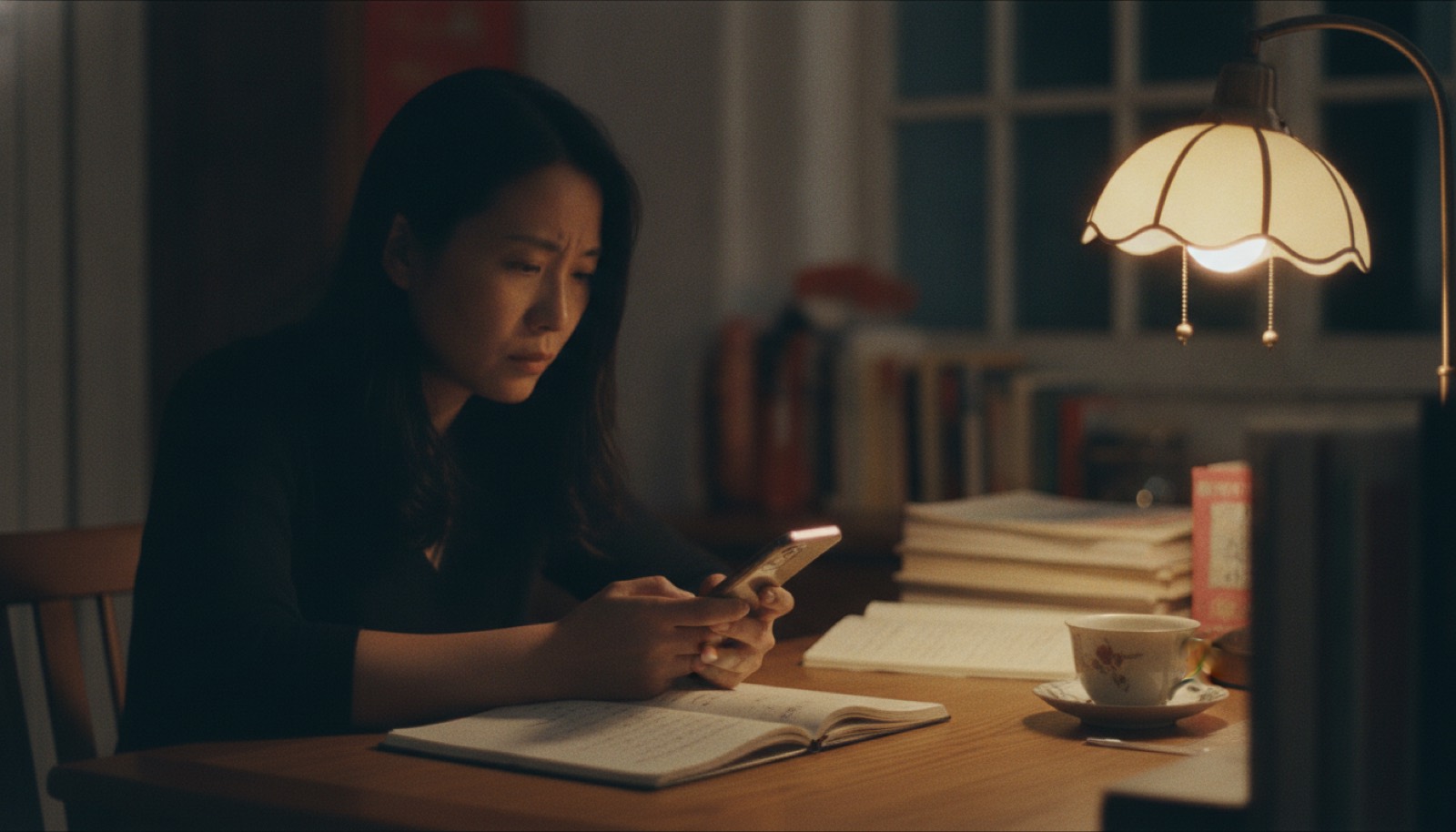 夜晚书桌妈妈独自翻手机相册比对开学两周视频焦虑