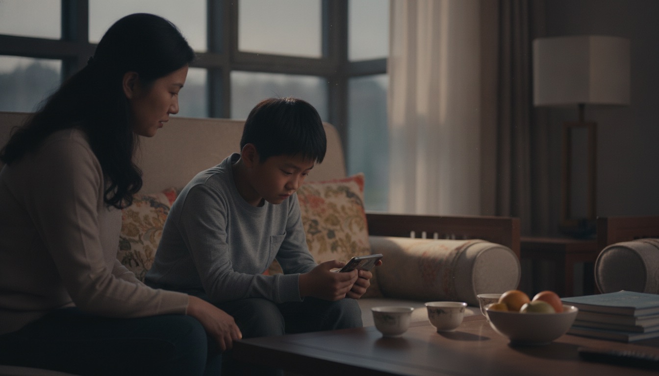 傍晚客厅沙发上,一个 9 岁中国男孩低头看着手里的手机,屏幕上是他自己的视频,神情有点失落难过,妈妈在一旁察觉到他的情绪
