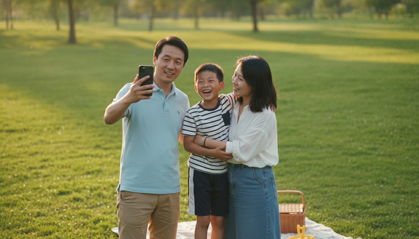 公园草地上爸爸给妈妈和大笑的男孩拍照氛围自然放松