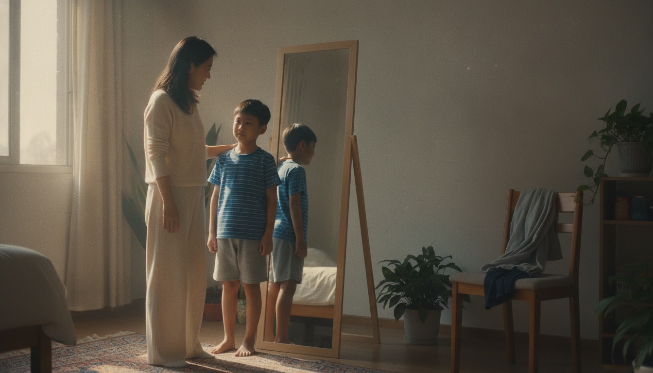 午后穿衣镜前妈妈和男孩并肩照镜子妈妈笑着看他