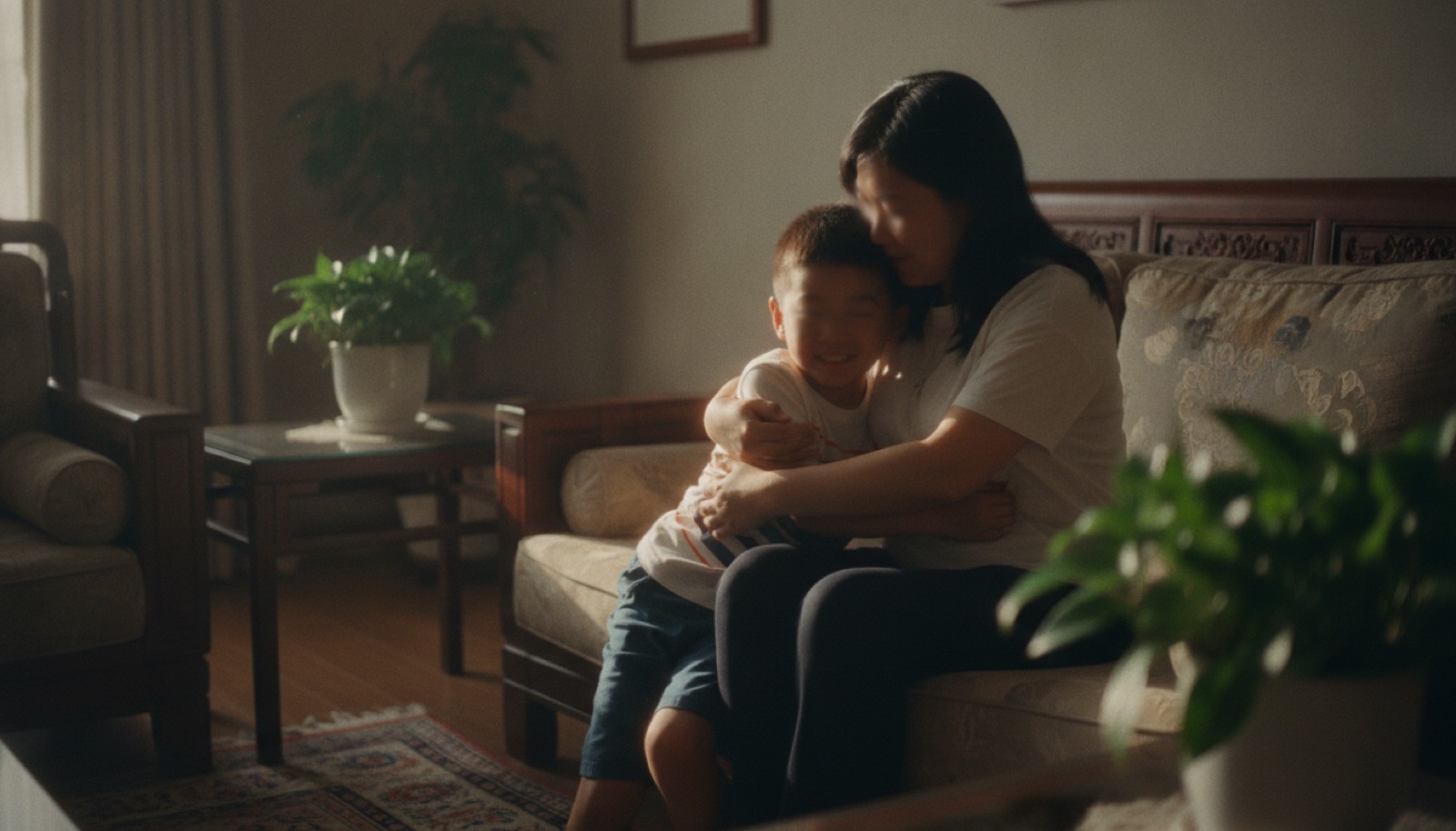 傍晚客厅妈妈搂着孩子坐沙发上安静温暖