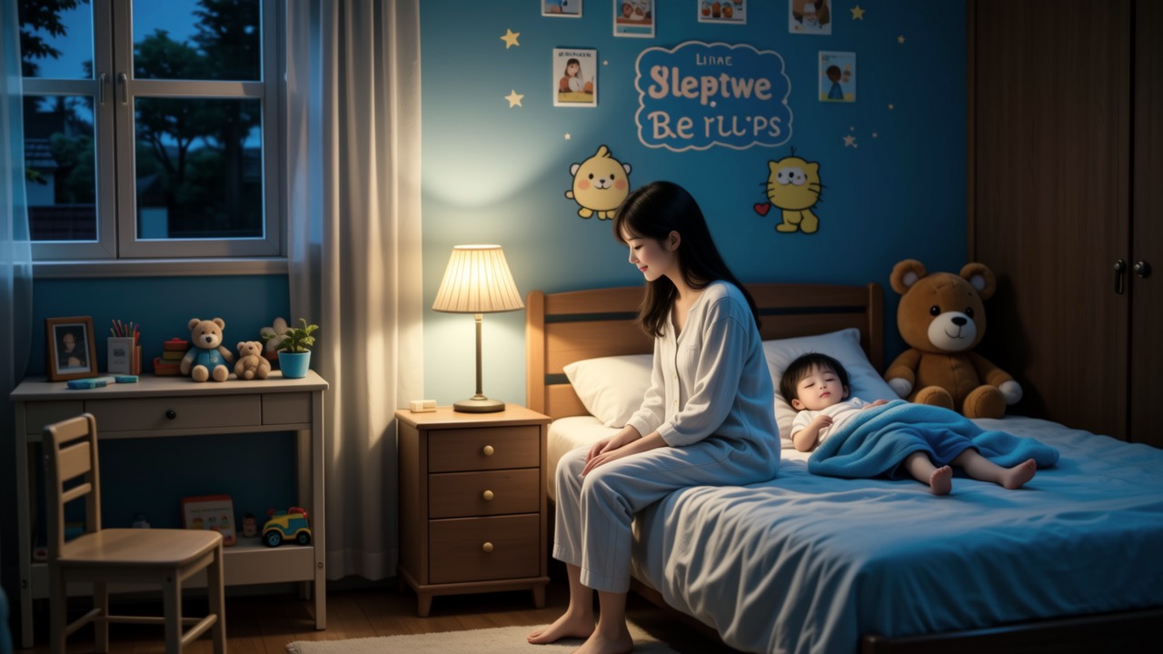 夜晚孩子卧室床头小灯,妈妈坐床边看着睡着的孩子,氛围安静温柔