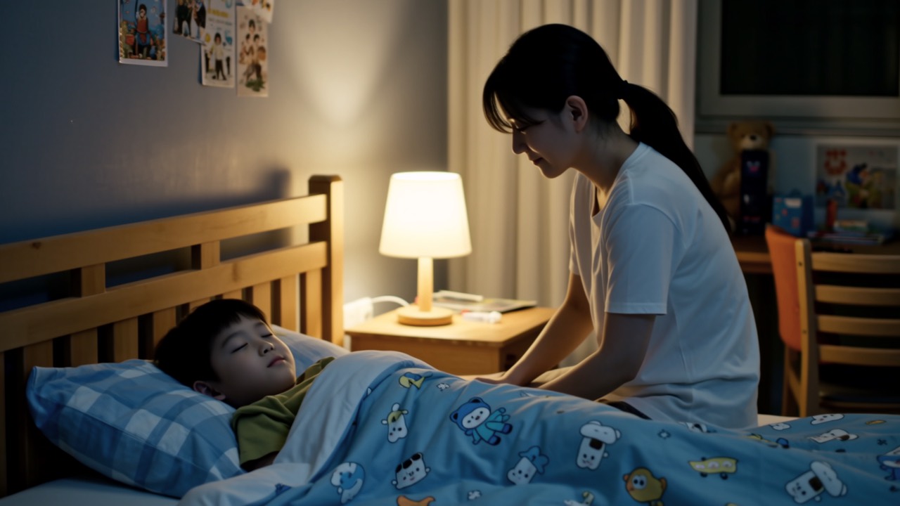 夜晚孩子卧室妈妈坐床沿看着睡着的孩子