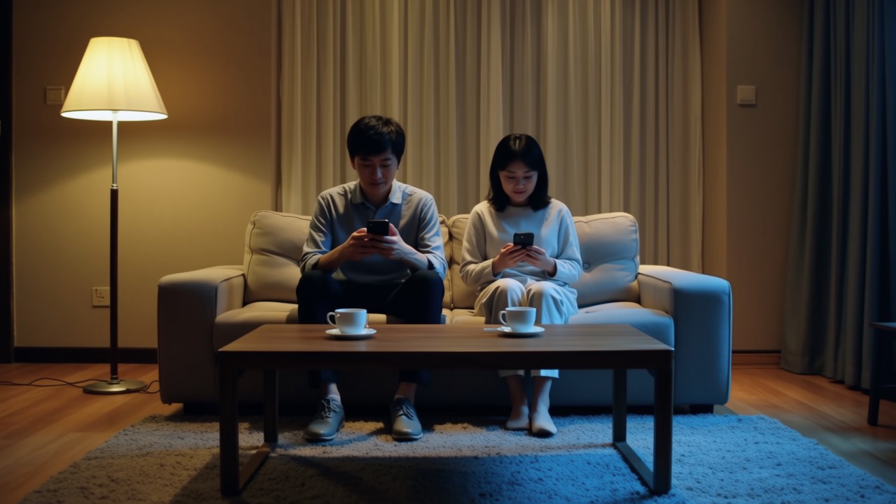 夜晚客厅沙发夫妻俩并排安静坐着各看各的