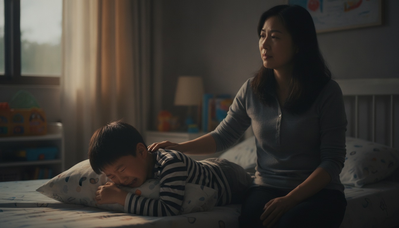 傍晚床上男孩抱枕头哭妈妈坐旁陪着手放在他背上