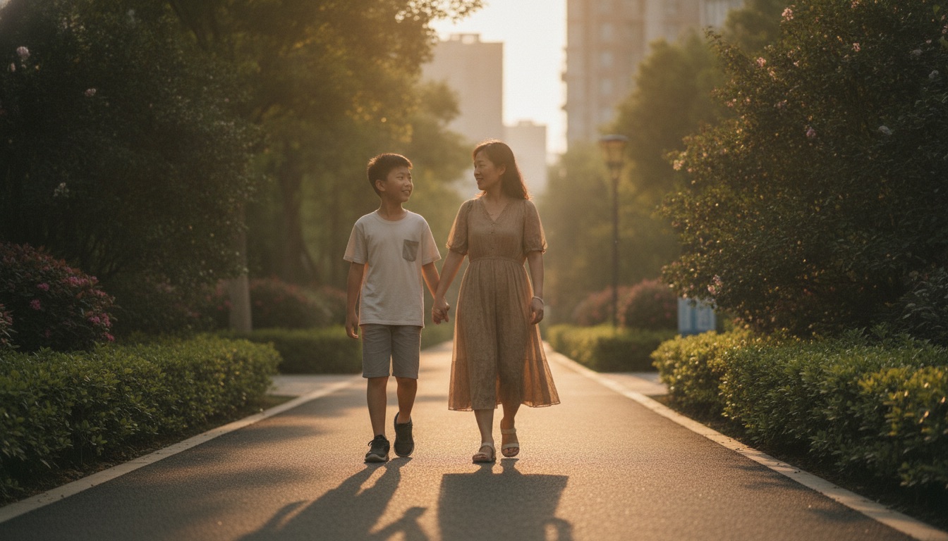 傍晚绿道上妈妈和男孩并肩慢慢散步男孩神情放松