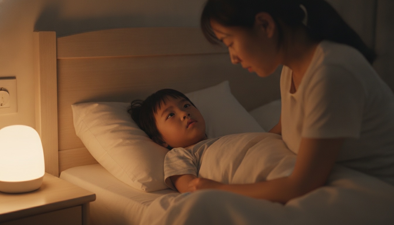 夜晚儿童房小夜灯下孩子躺床上睁眼望天花板神情担忧妈妈坐床沿看他