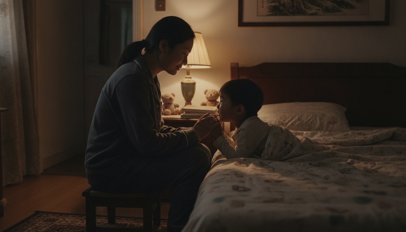 夜晚卧室床边妈妈坐在孩子床沿握着孩子的手低头认真听他说话神情温柔