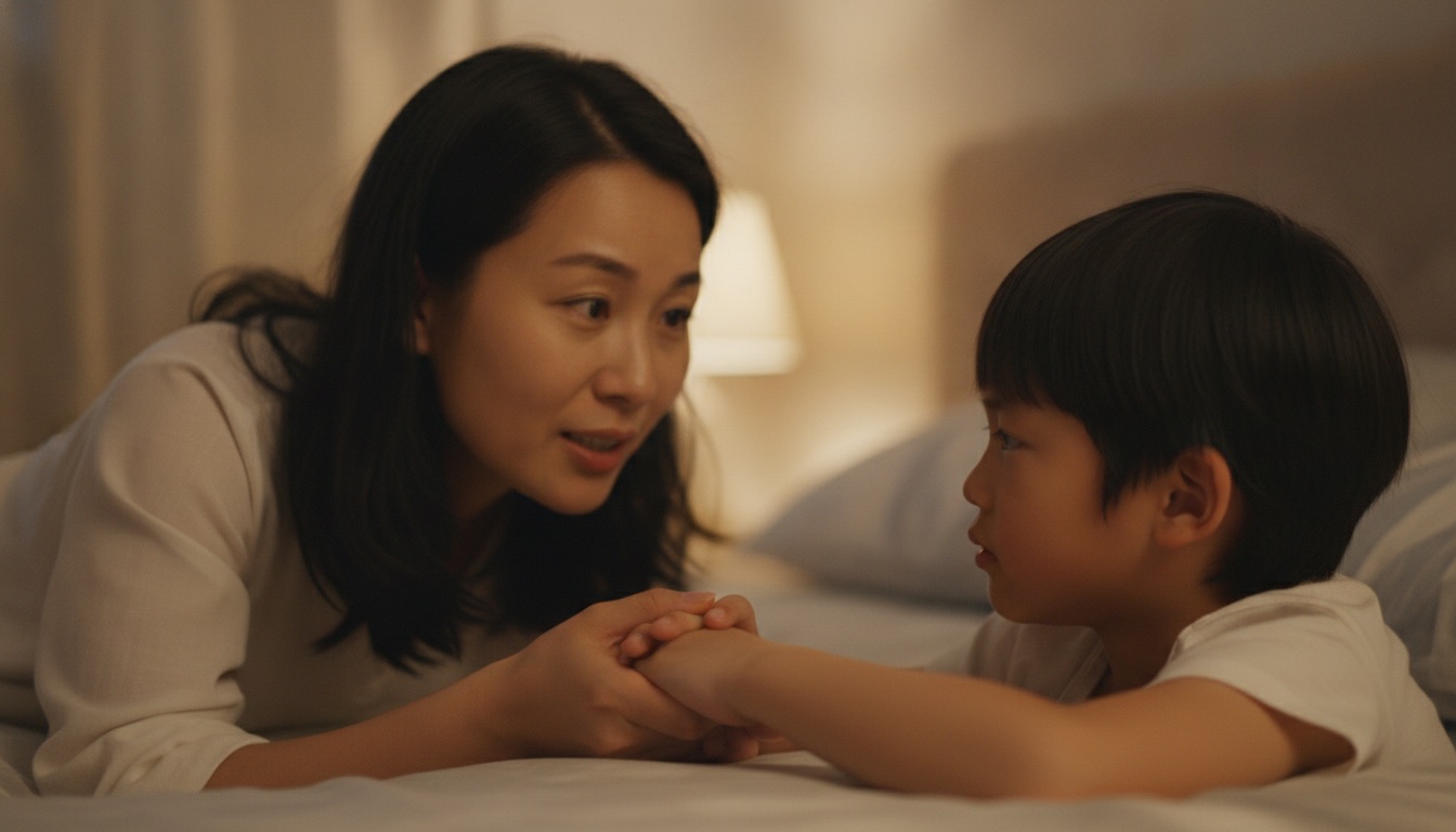 床边妈妈双手握着孩子的手前倾看着他认真肯定地说孩子表情松下来