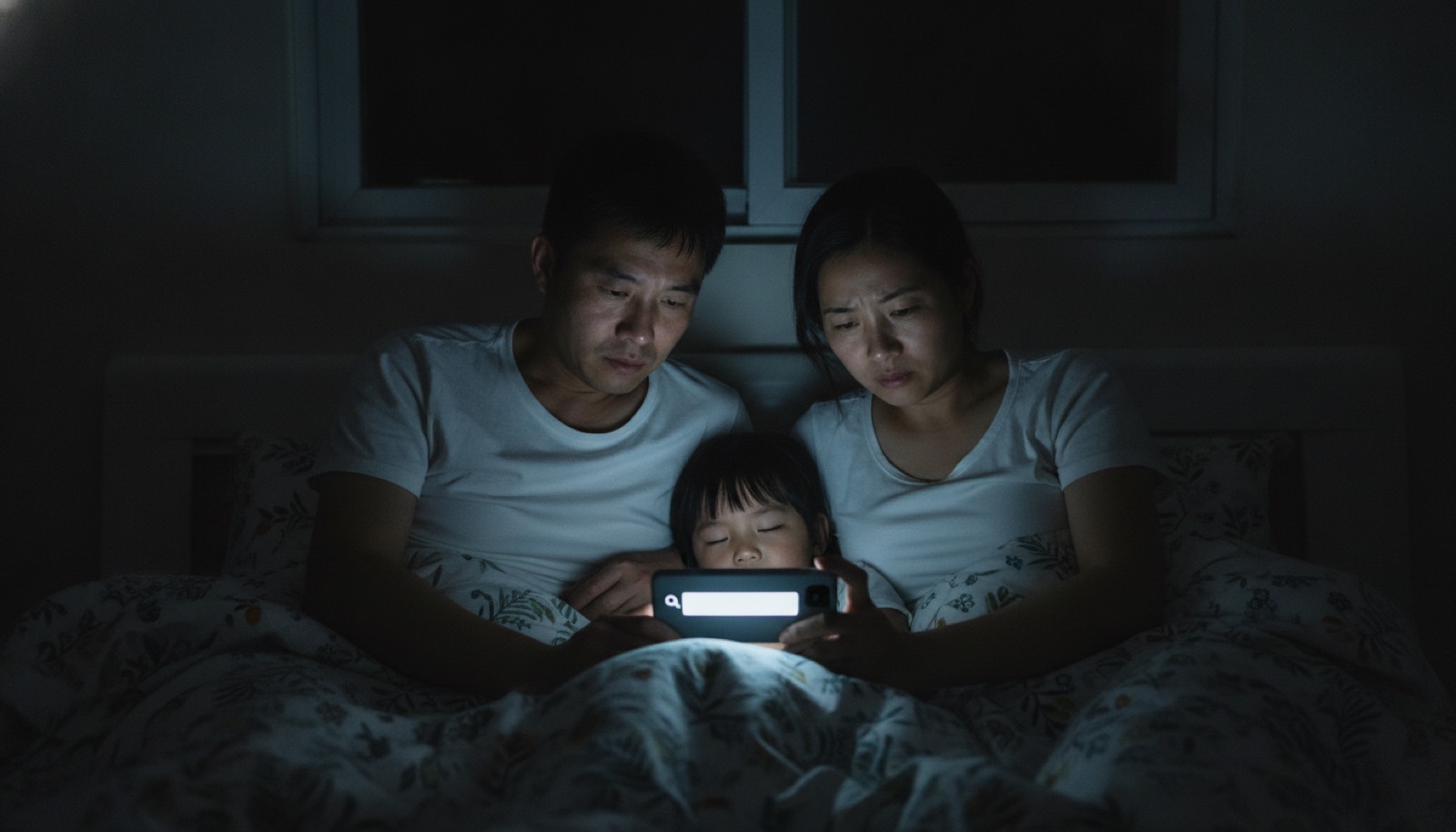 深夜床头手机屏幕亮着搜索框,窗外漆黑,光线幽微,氛围焦虑不安