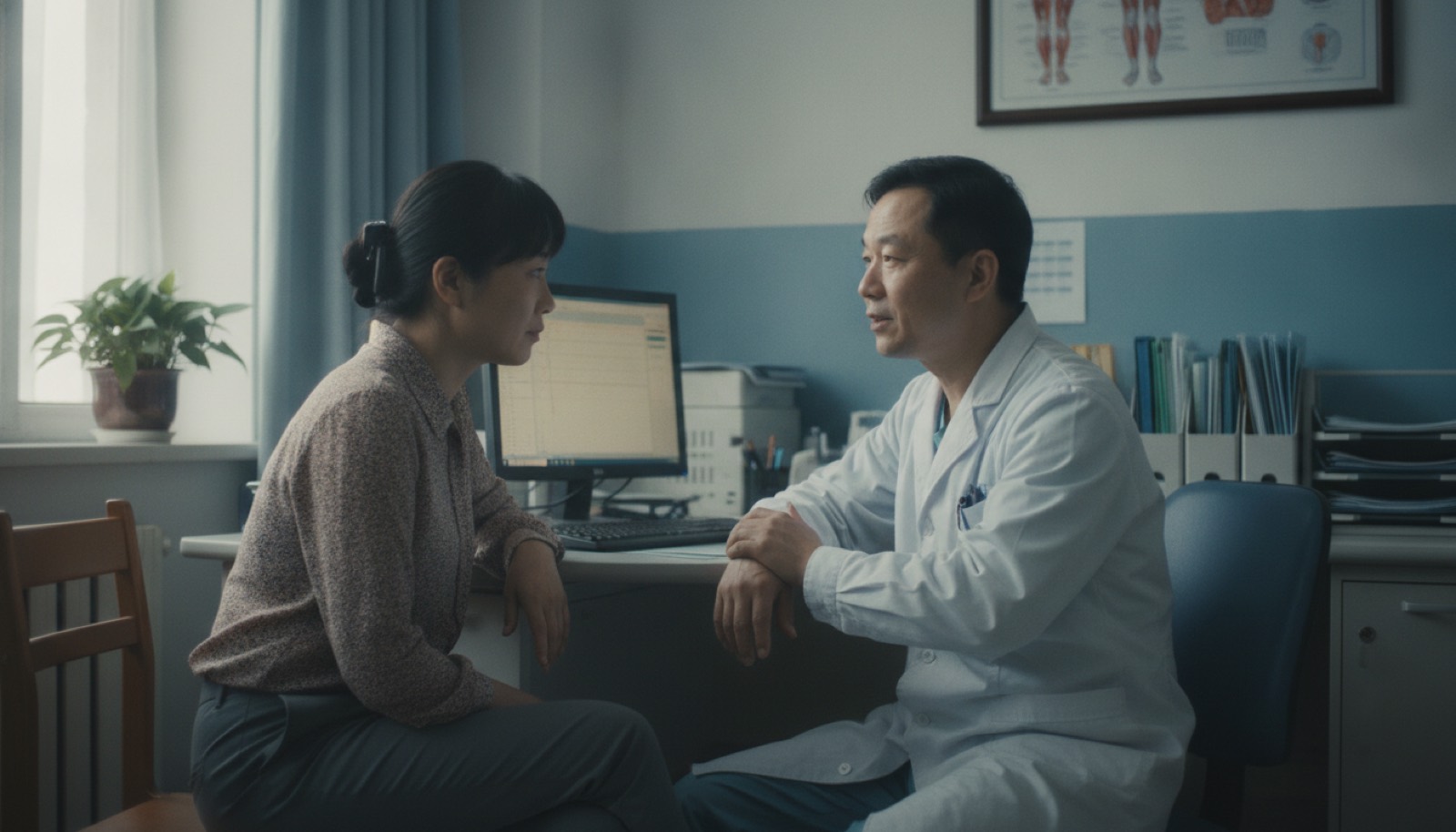诊室医生耐心跟妈妈说话妈妈认真听神情专注