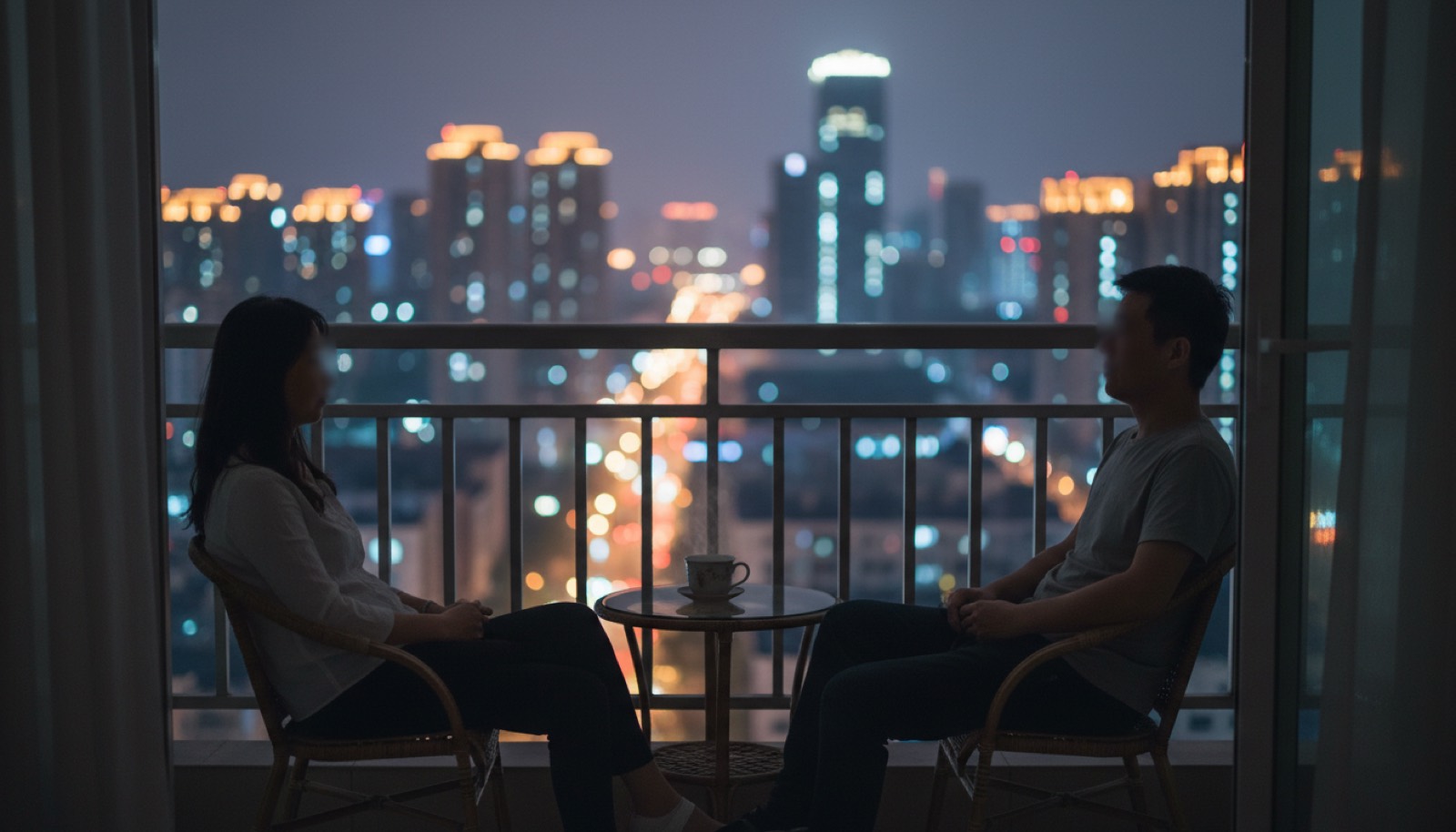 夜晚阳台妈妈和爸爸并排坐着中间一杯茶