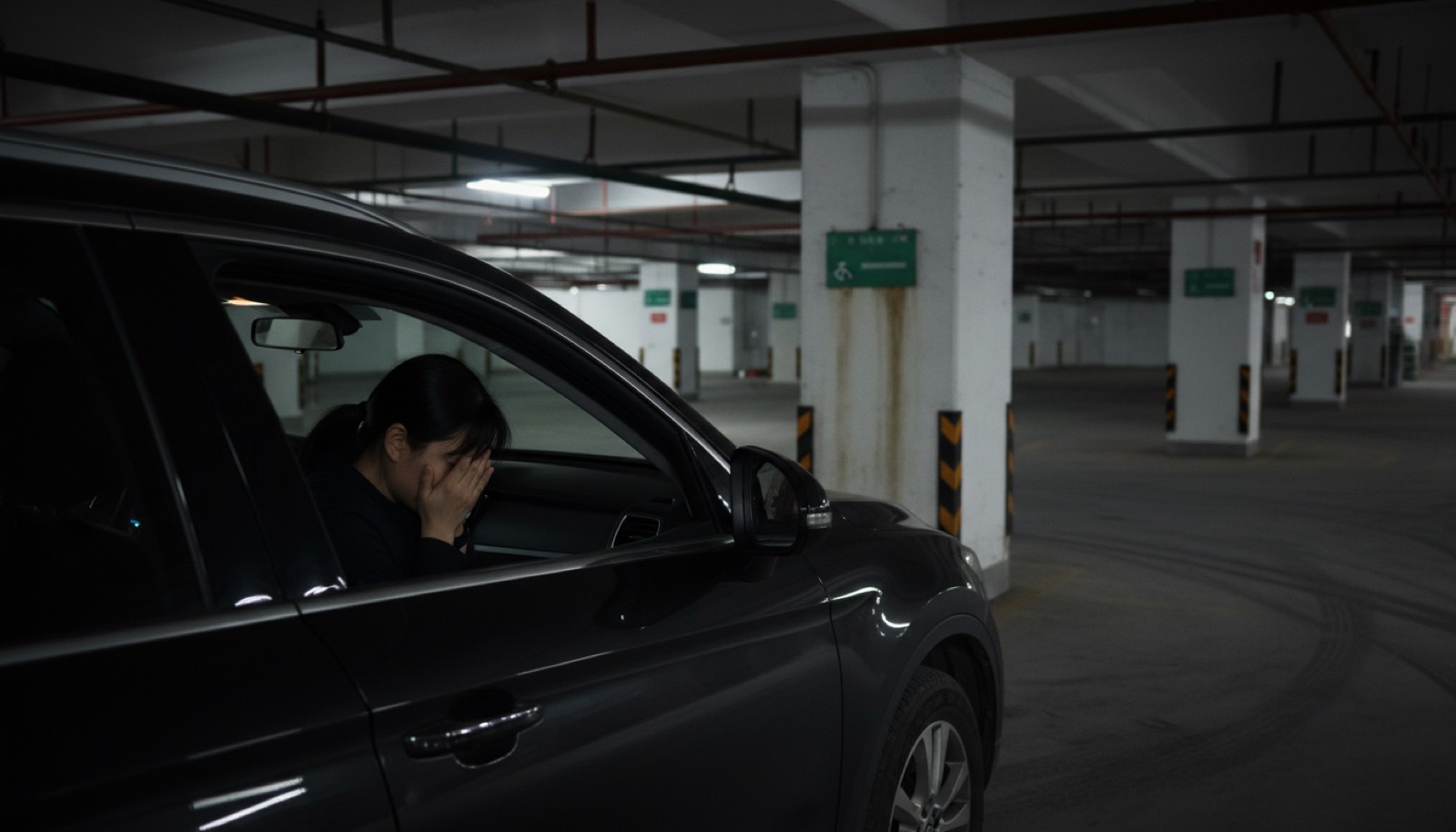 地下停车场车里妈妈坐驾驶座双手蒙脸