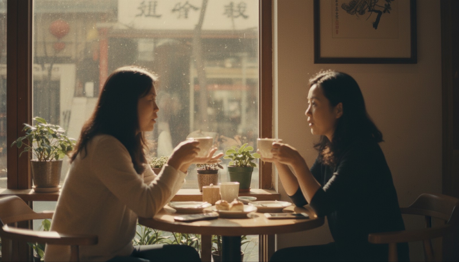 下午咖啡馆窗边两位妈妈面对面聊天