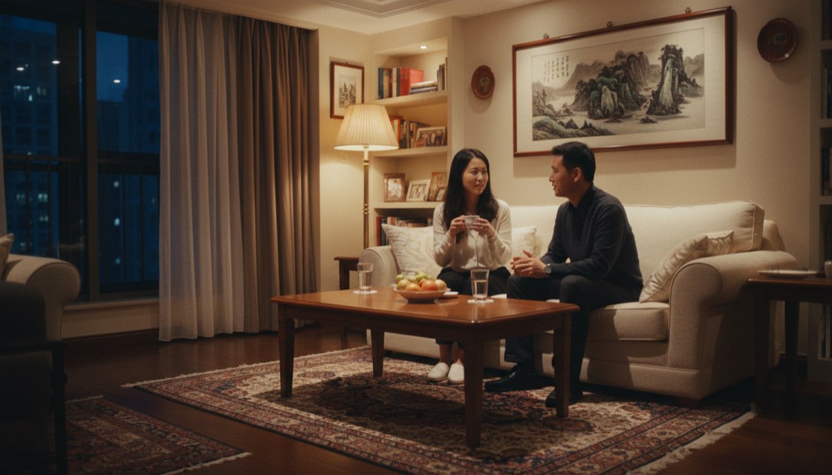 夜晚客厅夫妻两人坐着聊天,茶几上放着水杯,氛围安静