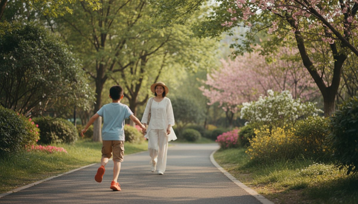 春天小区公园,孩子在前面跑,妈妈在后面慢慢走,光线明亮