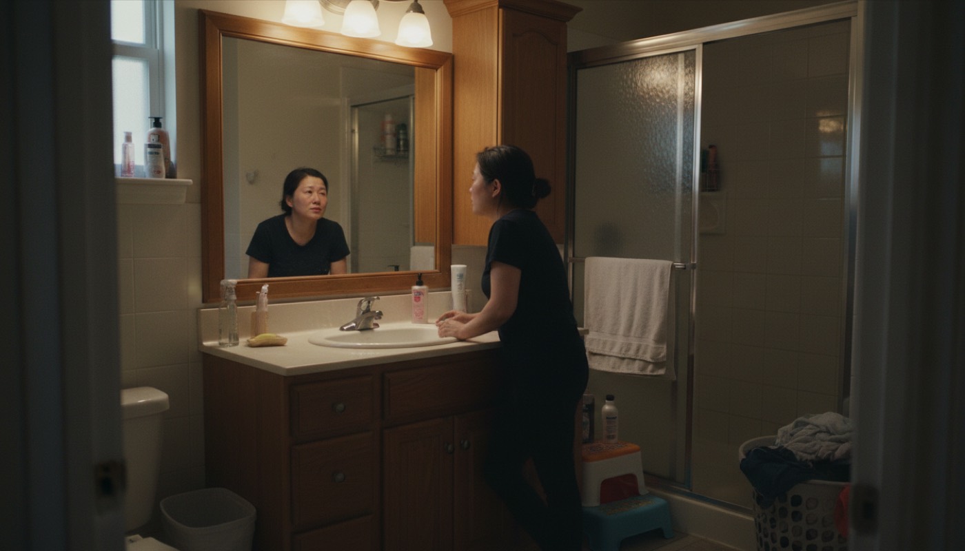 傍晚家中卫生间,妈妈靠着洗手台对着镜子里的自己,光线柔和,氛围疲惫但不绝望