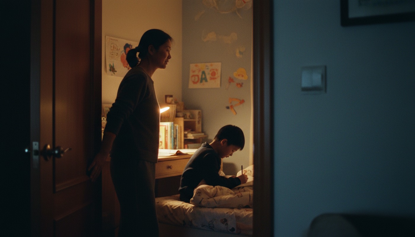 夜晚孩子卧室门口妈妈一手扶着门刚走进去,孩子在床上
