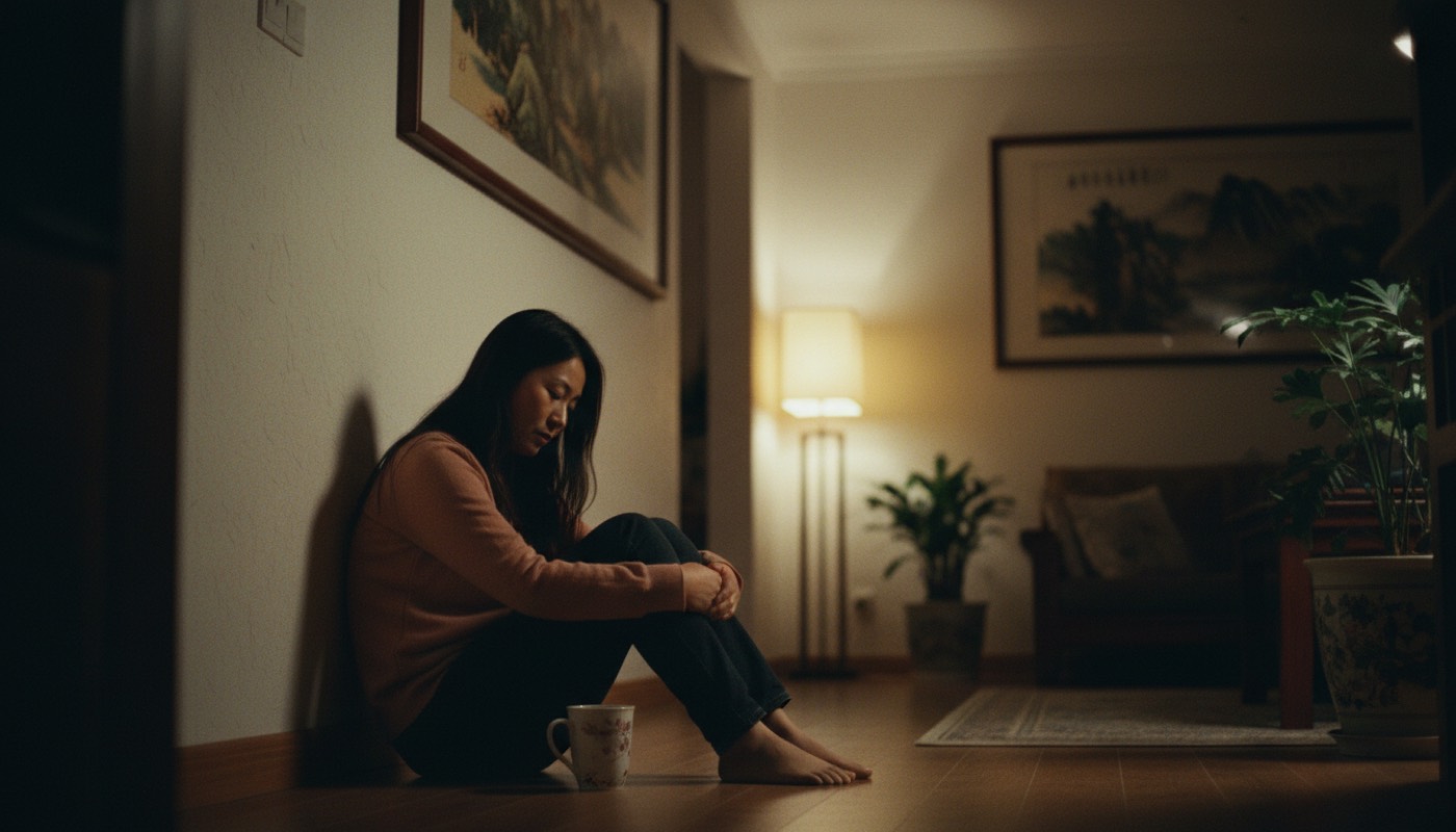 夜晚客厅妈妈一个人坐在地板上靠着墙,头微微低着,光线昏暗温暖